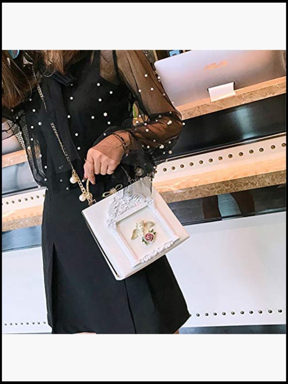 Rose Embossed Evening Clutch Crossbody Pearl Chain Shoulder Bag Formal Party - Picture 2 of 3
